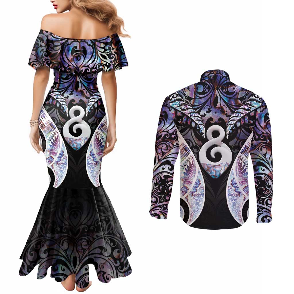 New Zealand Aotearoa Couples Matching Mermaid Dress and Long Sleeve Button Shirt Pikorua Single Twist Pink Paua Shell