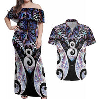 New Zealand Aotearoa Couples Matching Off Shoulder Maxi Dress and Hawaiian Shirt Pikorua Single Twist Pink Paua Shell