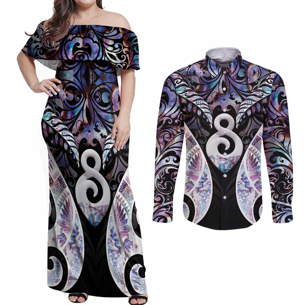 New Zealand Aotearoa Couples Matching Off Shoulder Maxi Dress and Long Sleeve Button Shirt Pikorua Single Twist Pink Paua Shell