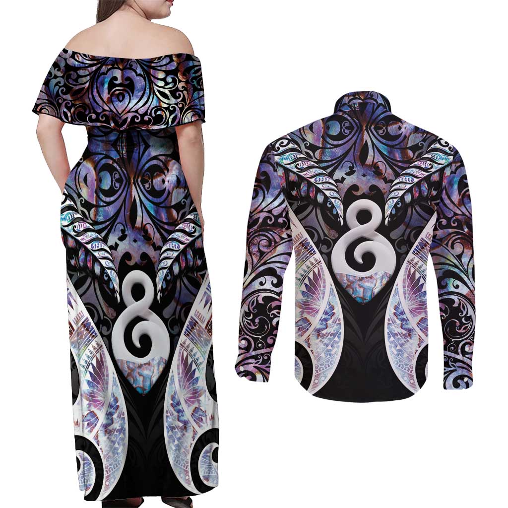 New Zealand Aotearoa Couples Matching Off Shoulder Maxi Dress and Long Sleeve Button Shirt Pikorua Single Twist Pink Paua Shell