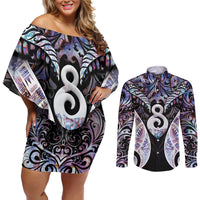 New Zealand Aotearoa Couples Matching Off Shoulder Short Dress and Long Sleeve Button Shirt Pikorua Single Twist Pink Paua Shell
