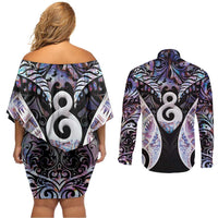 New Zealand Aotearoa Couples Matching Off Shoulder Short Dress and Long Sleeve Button Shirt Pikorua Single Twist Pink Paua Shell