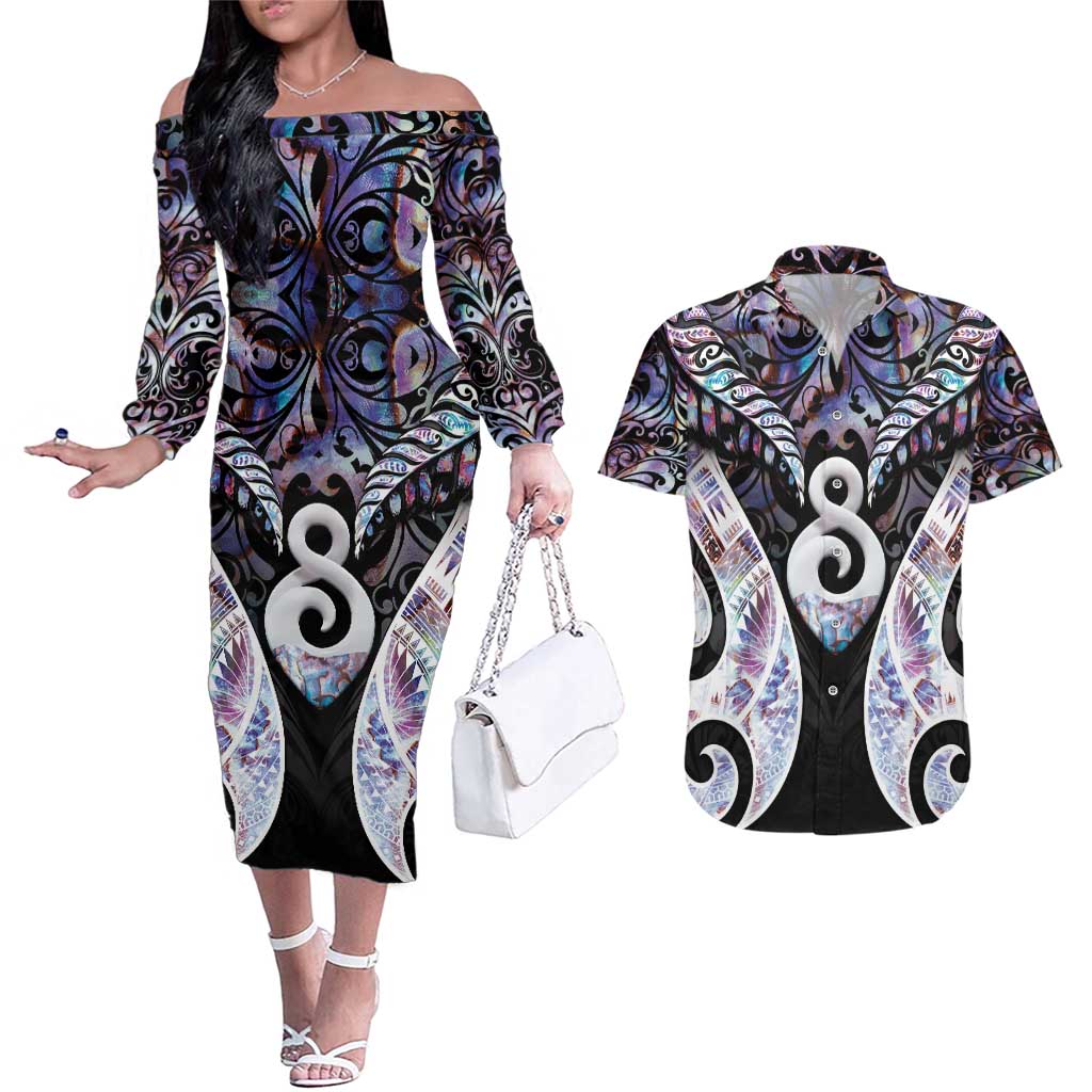 New Zealand Aotearoa Couples Matching Off The Shoulder Long Sleeve Dress and Hawaiian Shirt Pikorua Single Twist Pink Paua Shell