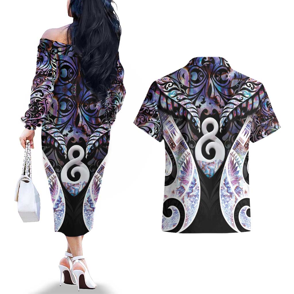 New Zealand Aotearoa Couples Matching Off The Shoulder Long Sleeve Dress and Hawaiian Shirt Pikorua Single Twist Pink Paua Shell