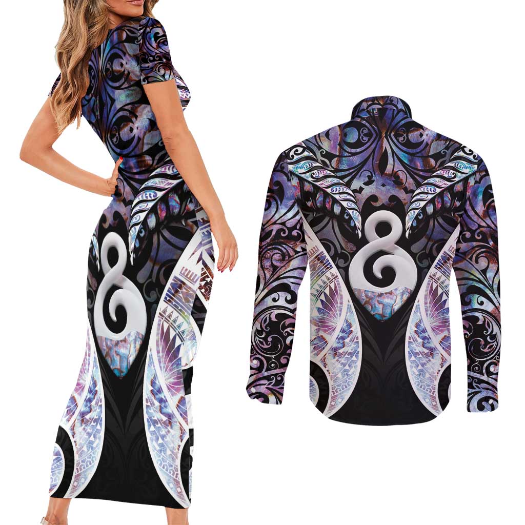 New Zealand Aotearoa Couples Matching Short Sleeve Bodycon Dress and Long Sleeve Button Shirt Pikorua Single Twist Pink Paua Shell