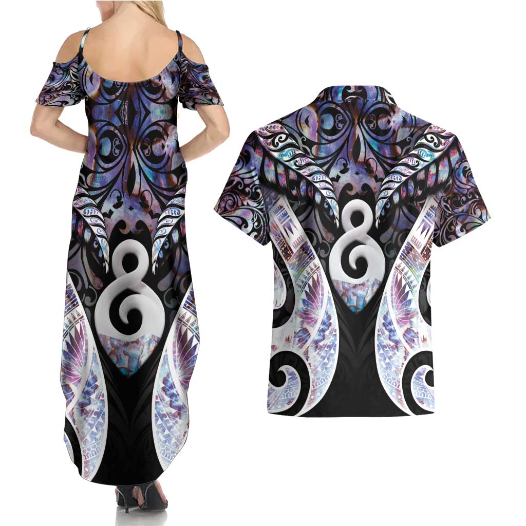 New Zealand Aotearoa Couples Matching Summer Maxi Dress and Hawaiian Shirt Pikorua Single Twist Pink Paua Shell