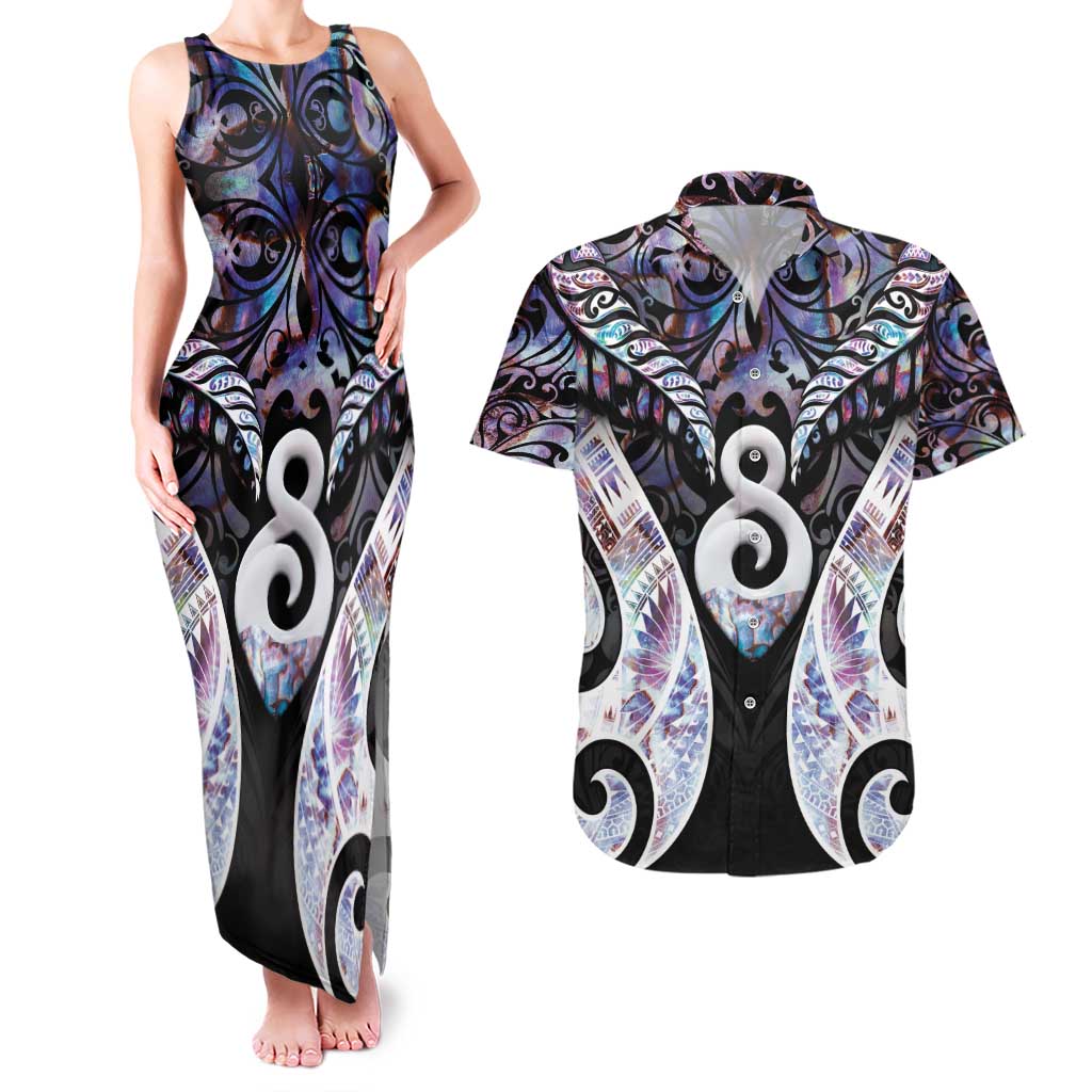 New Zealand Aotearoa Couples Matching Tank Maxi Dress and Hawaiian Shirt Pikorua Single Twist Pink Paua Shell