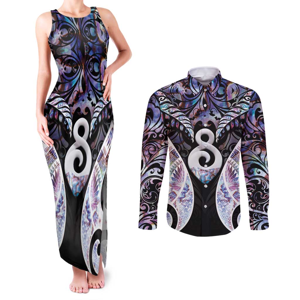New Zealand Aotearoa Couples Matching Tank Maxi Dress and Long Sleeve Button Shirt Pikorua Single Twist Pink Paua Shell