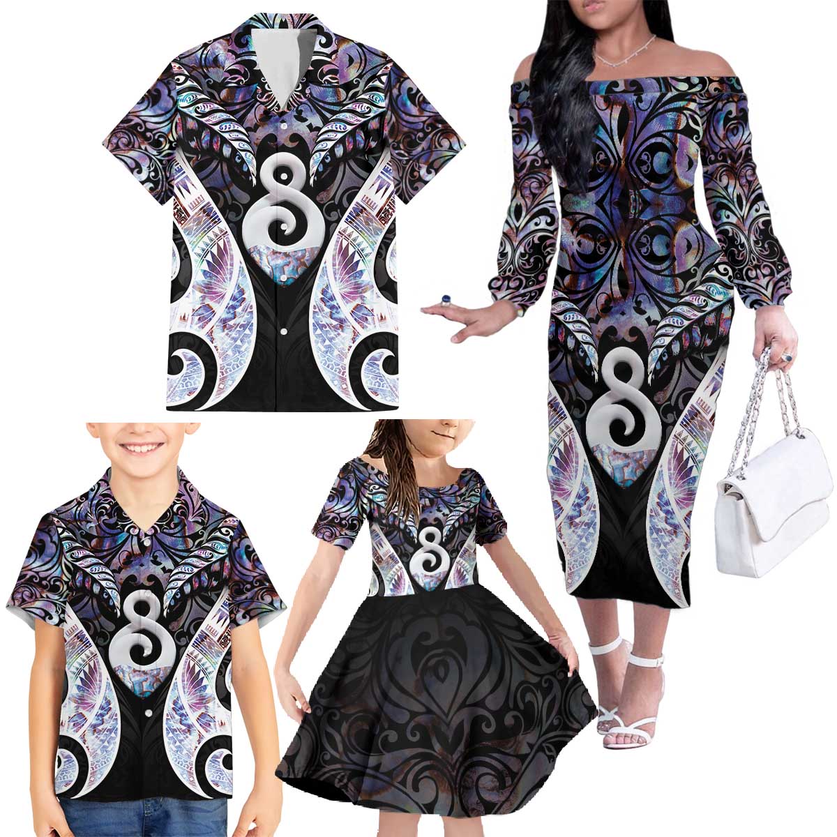 New Zealand Aotearoa Family Matching Off The Shoulder Long Sleeve Dress and Hawaiian Shirt Pikorua Single Twist Pink Paua Shell