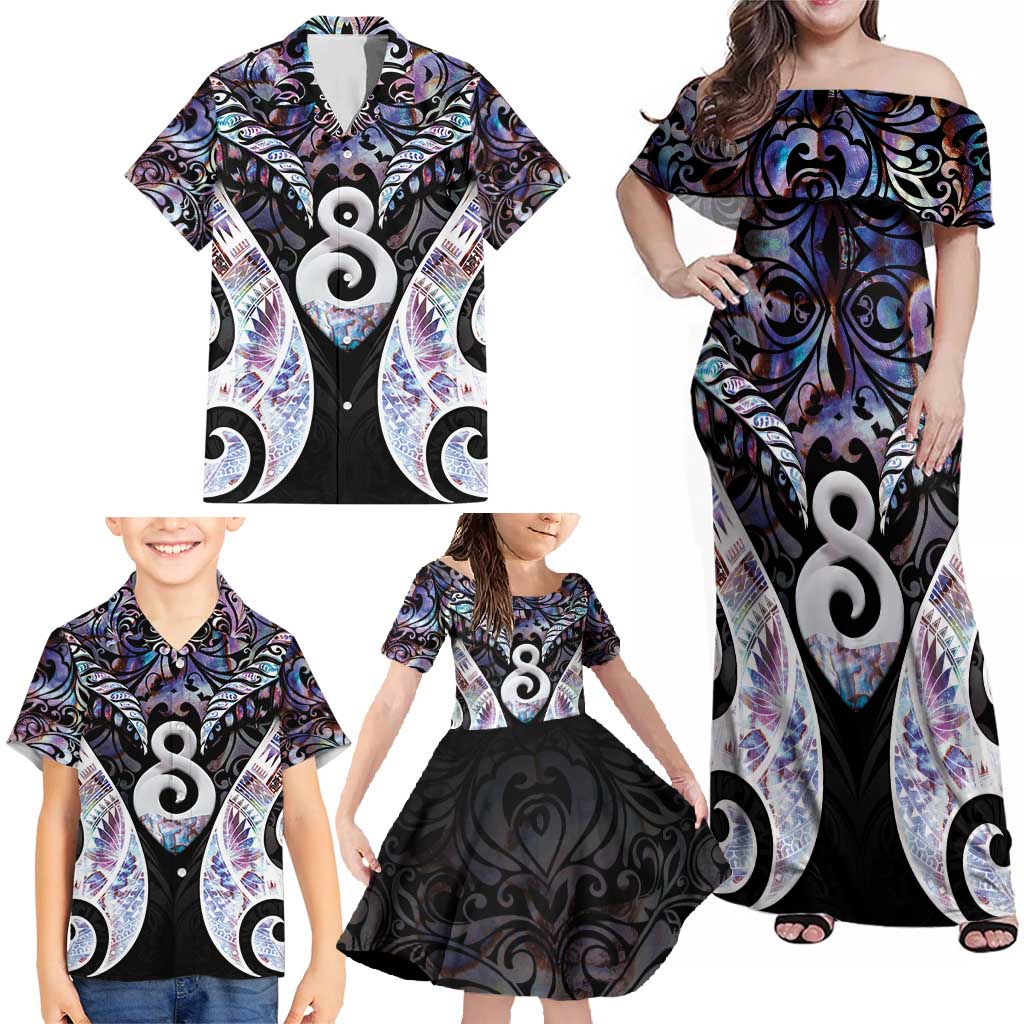 New Zealand Aotearoa Family Matching Off Shoulder Maxi Dress and Hawaiian Shirt Pikorua Single Twist Pink Paua Shell