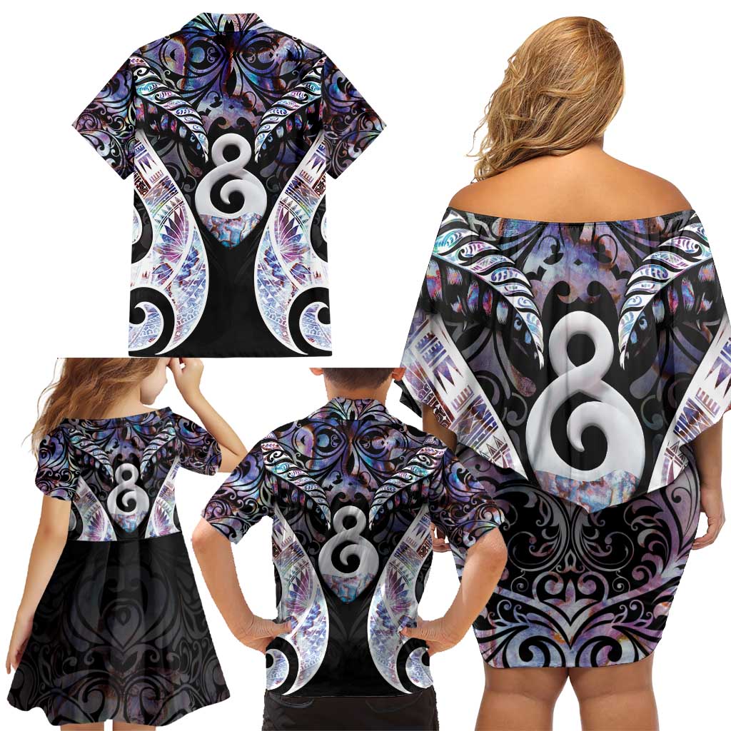 New Zealand Aotearoa Family Matching Off Shoulder Short Dress and Hawaiian Shirt Pikorua Single Twist Pink Paua Shell