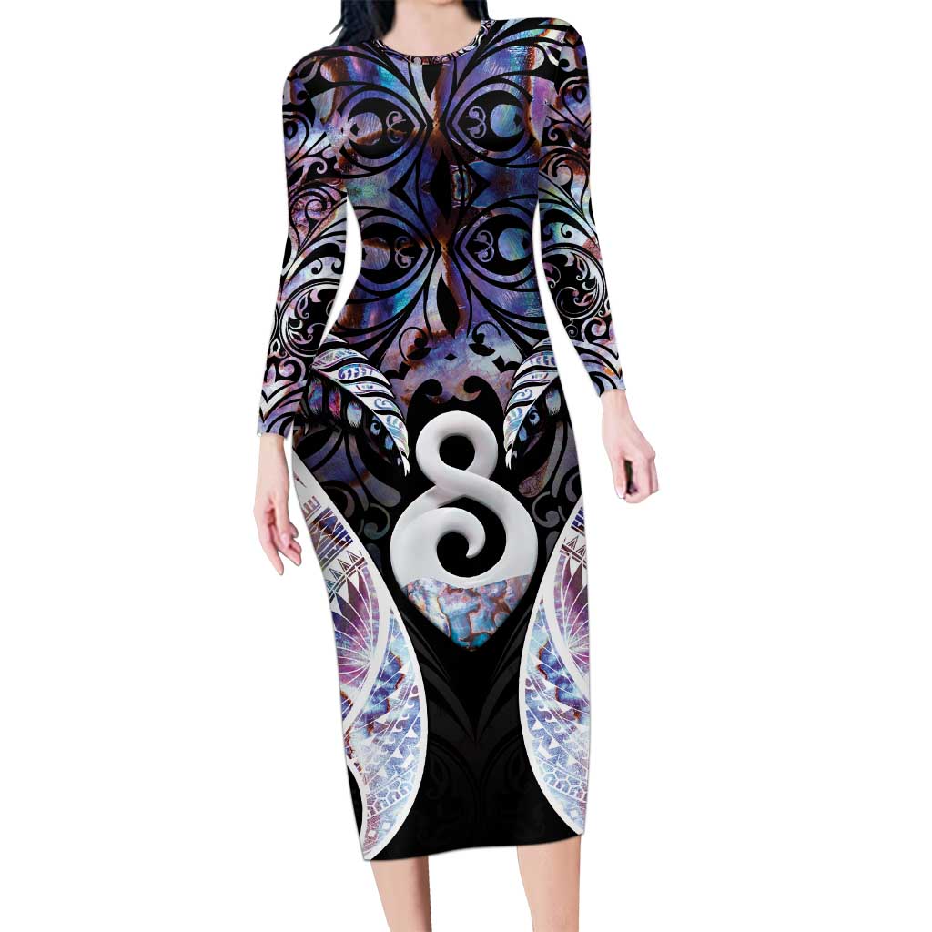 New Zealand Aotearoa Long Sleeve Bodycon Dress Pikorua Single Twist Pink Paua Shell