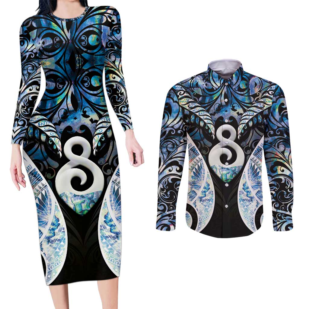 New Zealand Aotearoa Couples Matching Long Sleeve Bodycon Dress and Long Sleeve Button Shirt Pikorua Single Twist Green Paua Shell