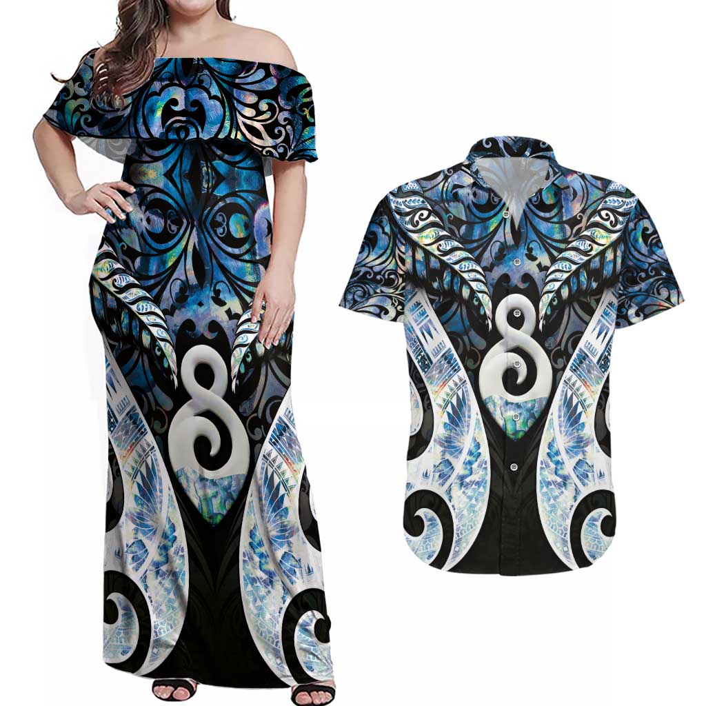 New Zealand Aotearoa Couples Matching Off Shoulder Maxi Dress and Hawaiian Shirt Pikorua Single Twist Green Paua Shell