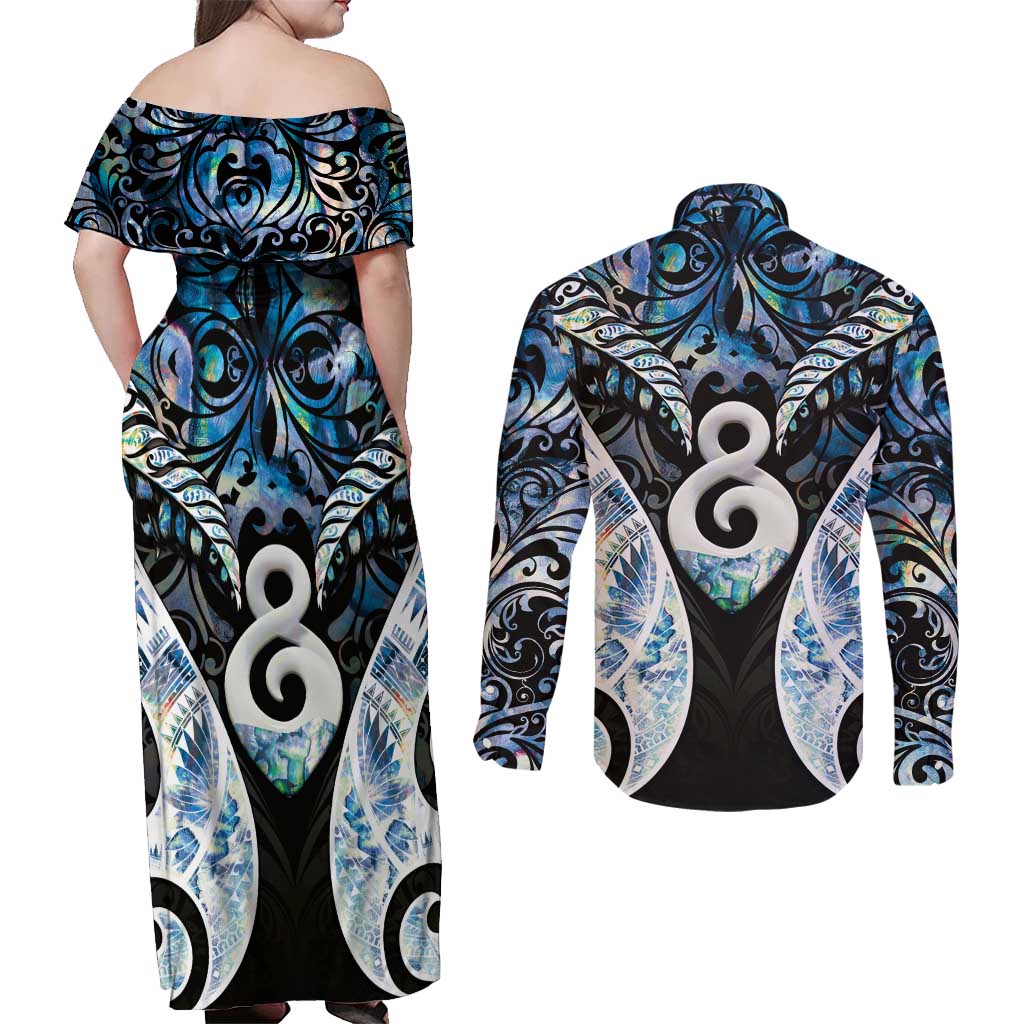 New Zealand Aotearoa Couples Matching Off Shoulder Maxi Dress and Long Sleeve Button Shirt Pikorua Single Twist Green Paua Shell
