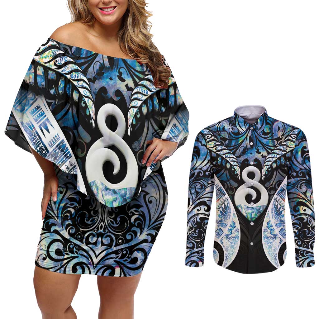 New Zealand Aotearoa Couples Matching Off Shoulder Short Dress and Long Sleeve Button Shirt Pikorua Single Twist Green Paua Shell