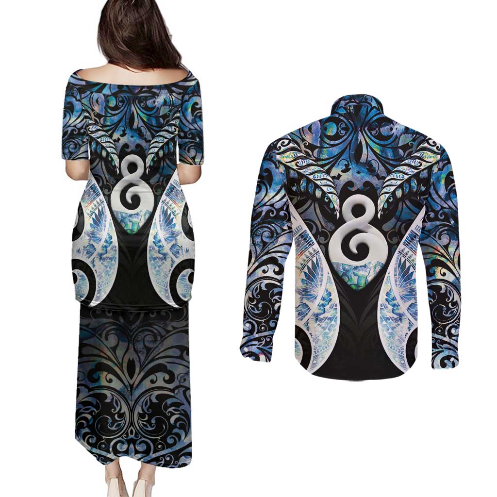 New Zealand Aotearoa Couples Matching Puletasi and Long Sleeve Button Shirt Pikorua Single Twist Green Paua Shell