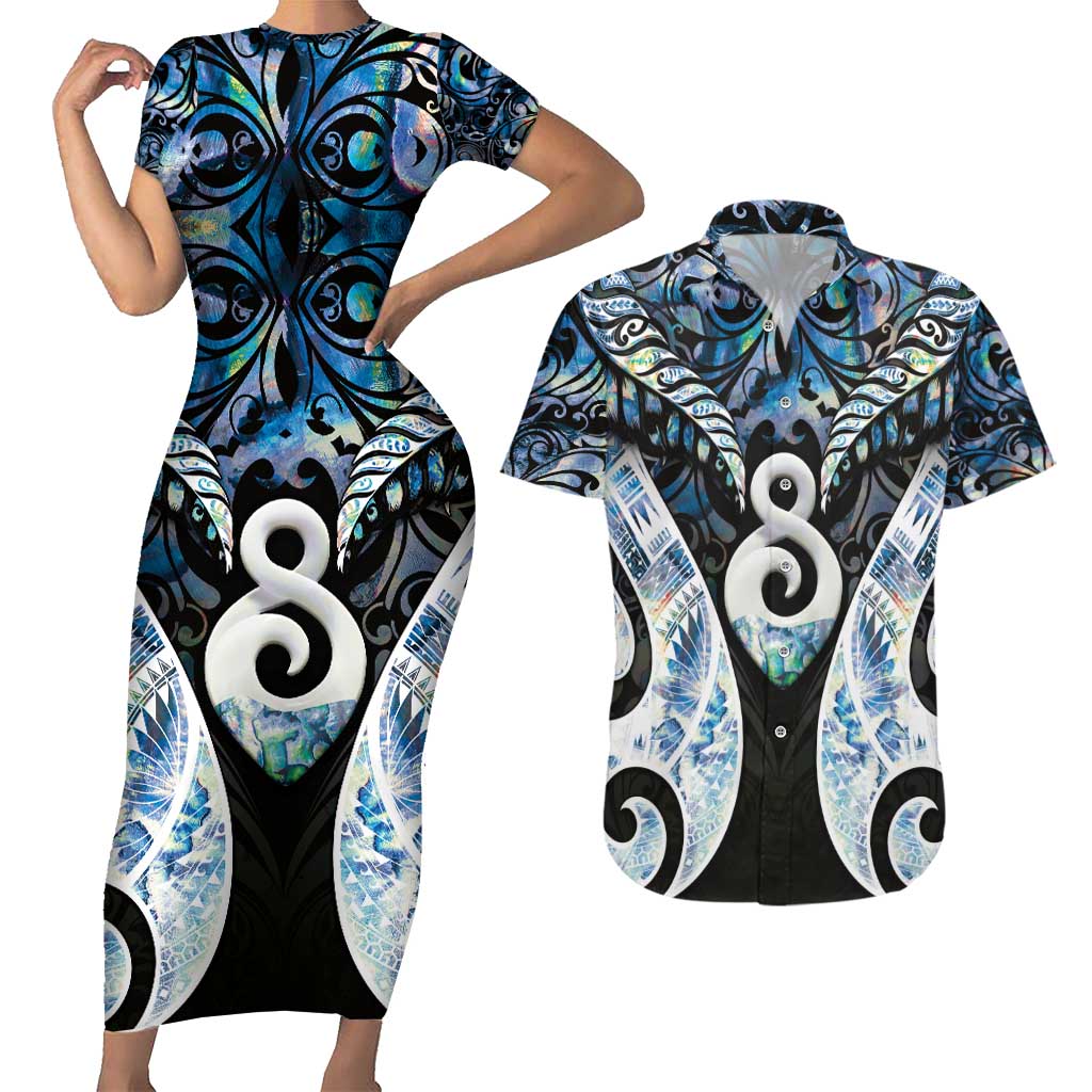 New Zealand Aotearoa Couples Matching Short Sleeve Bodycon Dress and Hawaiian Shirt Pikorua Single Twist Green Paua Shell