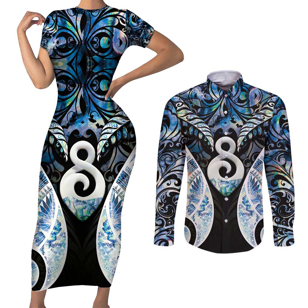 New Zealand Aotearoa Couples Matching Short Sleeve Bodycon Dress and Long Sleeve Button Shirt Pikorua Single Twist Green Paua Shell