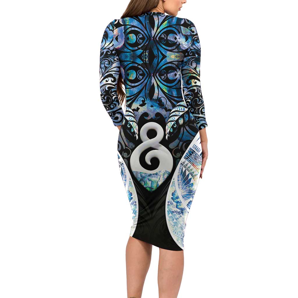 New Zealand Aotearoa Family Matching Long Sleeve Bodycon Dress and Hawaiian Shirt Pikorua Single Twist Green Paua Shell