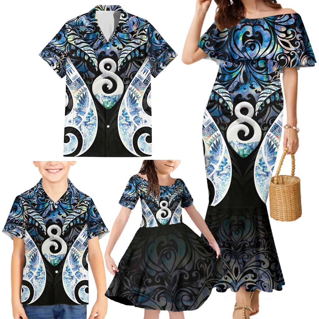 New Zealand Aotearoa Family Matching Mermaid Dress and Hawaiian Shirt Pikorua Single Twist Green Paua Shell
