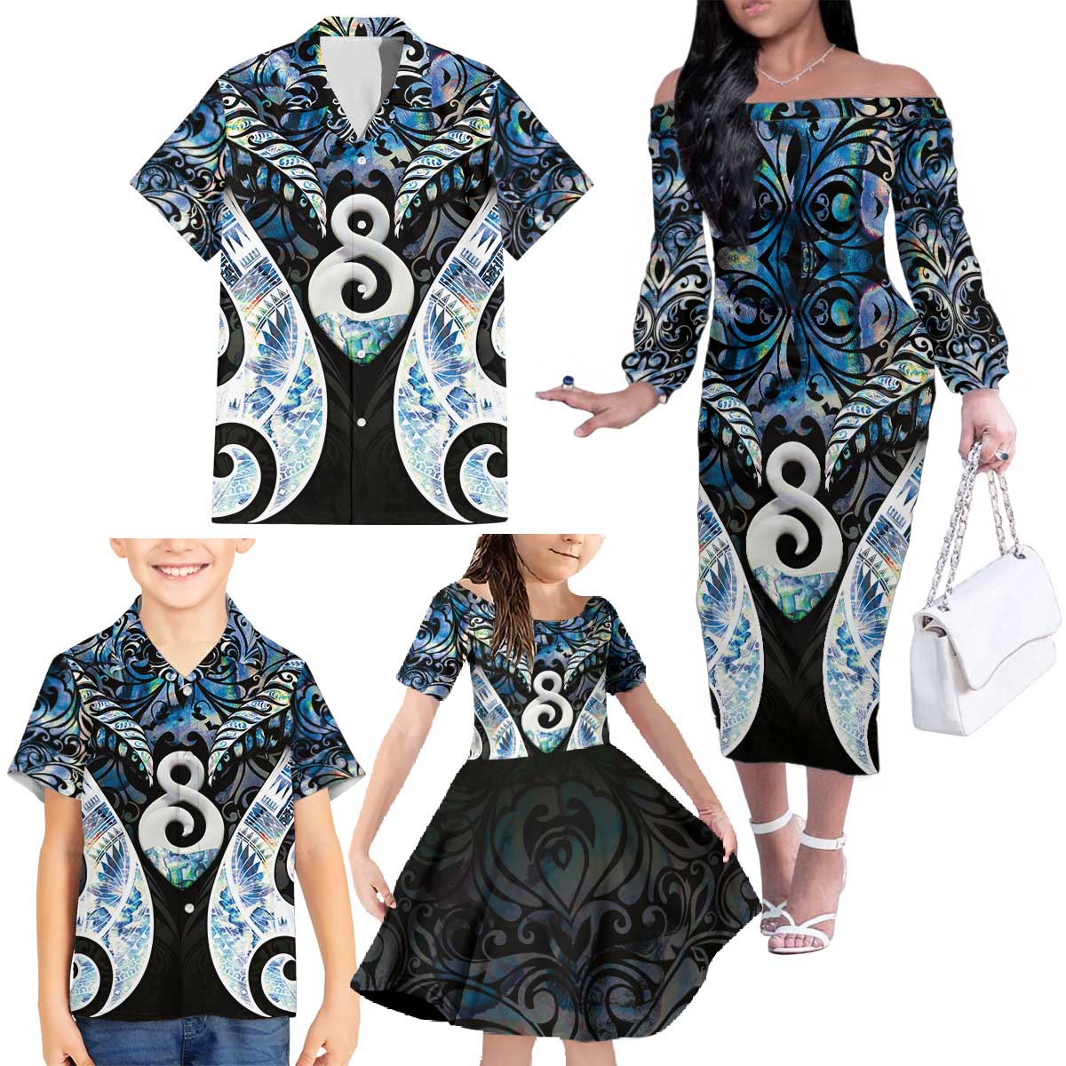 New Zealand Aotearoa Family Matching Off The Shoulder Long Sleeve Dress and Hawaiian Shirt Pikorua Single Twist Green Paua Shell