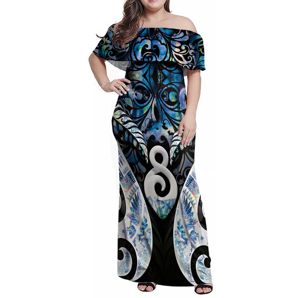 New Zealand Aotearoa Family Matching Off Shoulder Maxi Dress and Hawaiian Shirt Pikorua Single Twist Green Paua Shell