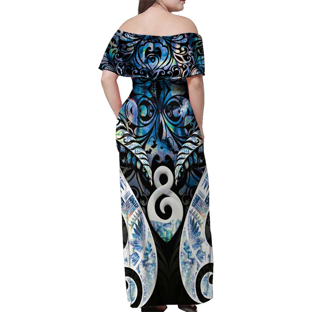 New Zealand Aotearoa Family Matching Off Shoulder Maxi Dress and Hawaiian Shirt Pikorua Single Twist Green Paua Shell