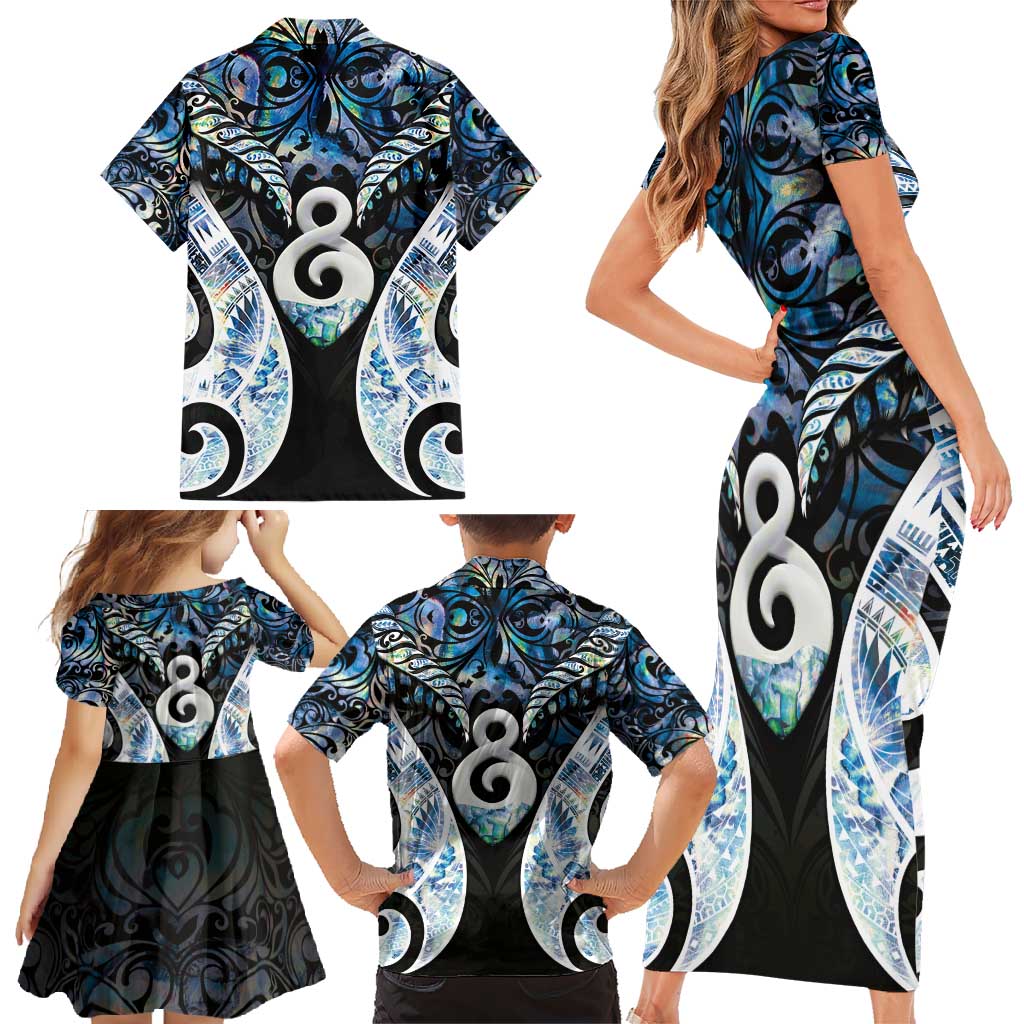 New Zealand Aotearoa Family Matching Short Sleeve Bodycon Dress and Hawaiian Shirt Pikorua Single Twist Green Paua Shell
