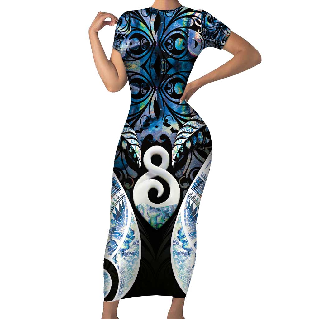 New Zealand Aotearoa Family Matching Short Sleeve Bodycon Dress and Hawaiian Shirt Pikorua Single Twist Green Paua Shell