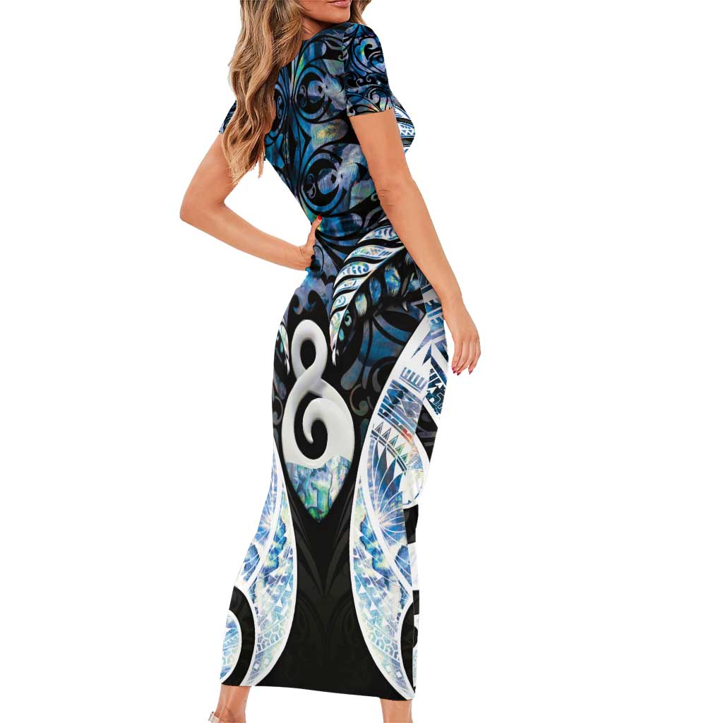 New Zealand Aotearoa Family Matching Short Sleeve Bodycon Dress and Hawaiian Shirt Pikorua Single Twist Green Paua Shell