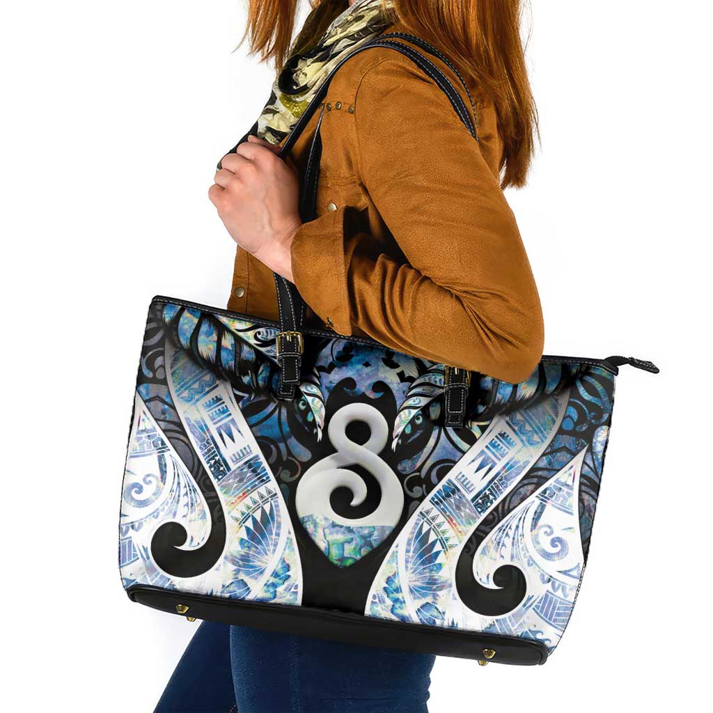 New Zealand Aotearoa Leather Tote Bag Pikorua Single Twist Green Paua Shell