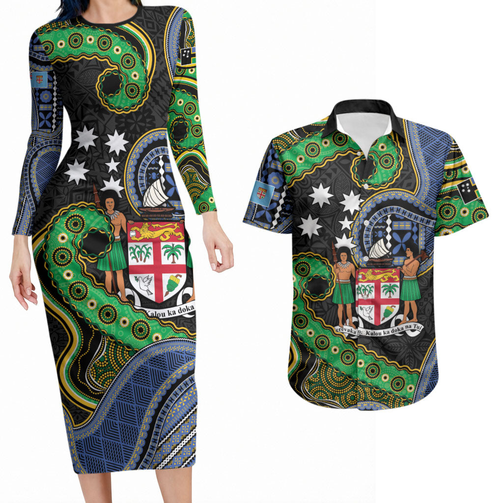 South Sea Islanders And Fiji Couples Matching Long Sleeve Bodycon Dress and Hawaiian Shirt Fijian Coat Of Arms And Southern Cross DT05 Black - Polynesian Pride