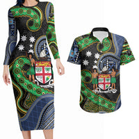 South Sea Islanders And Fiji Couples Matching Long Sleeve Bodycon Dress and Hawaiian Shirt Fijian Coat Of Arms And Southern Cross DT05 Black - Polynesian Pride