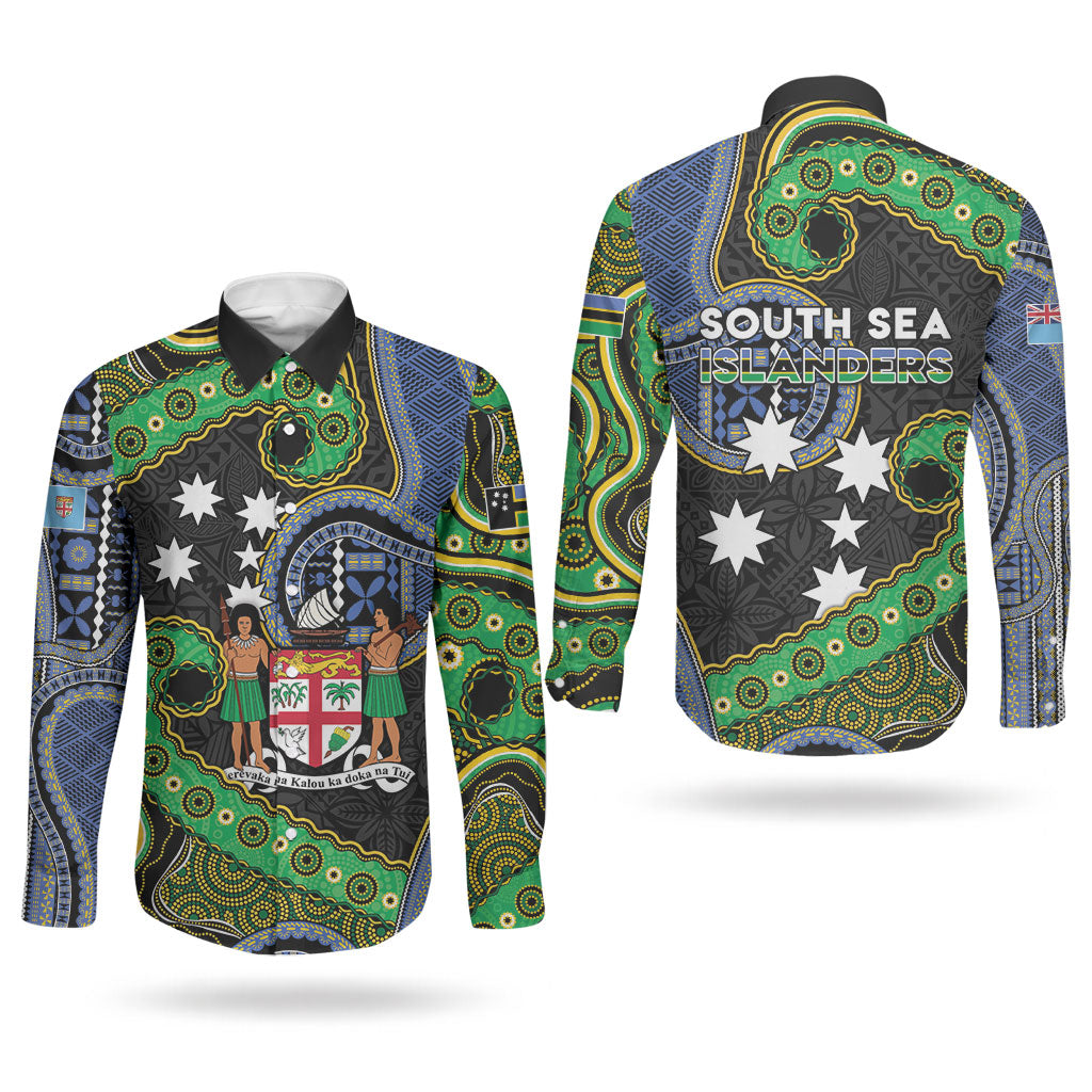 South Sea Islanders And Fiji Couples Matching Off The Shoulder Long Sleeve Dress and Long Sleeve Button Shirt Fijian Coat Of Arms And Southern Cross DT05 - Polynesian Pride