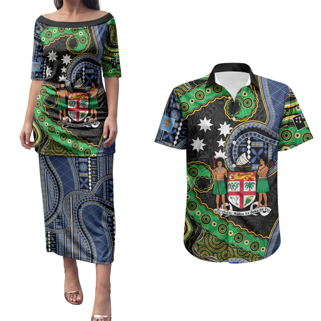 South Sea Islanders And Fiji Couples Matching Puletasi and Hawaiian Shirt Fijian Coat Of Arms And Southern Cross DT05 Black - Polynesian Pride