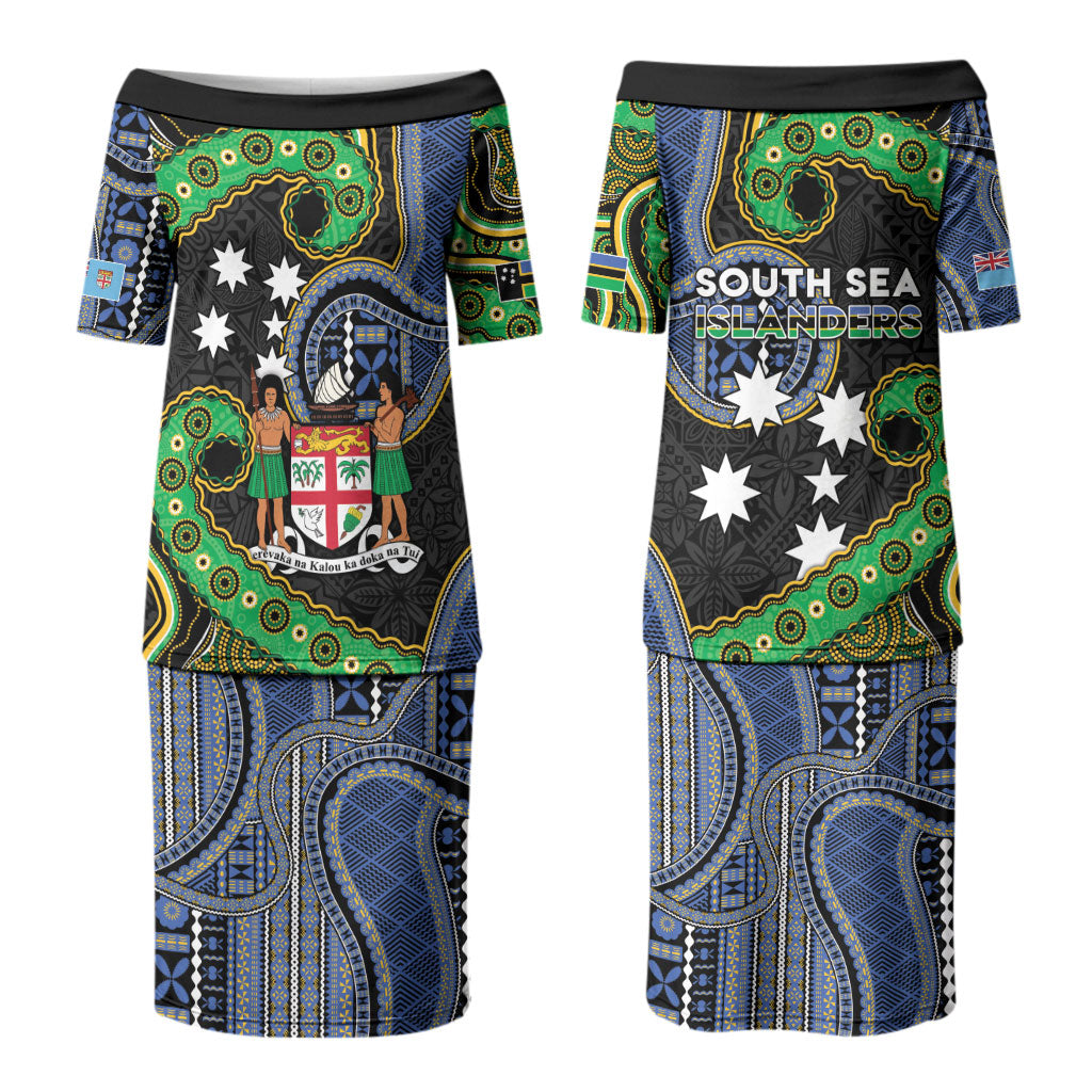 South Sea Islanders And Fiji Couples Matching Puletasi and Long Sleeve Button Shirt Fijian Coat Of Arms And Southern Cross DT05 - Polynesian Pride