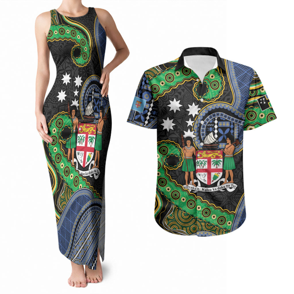 South Sea Islanders And Fiji Couples Matching Tank Maxi Dress and Hawaiian Shirt Fijian Coat Of Arms And Southern Cross DT05 Black - Polynesian Pride