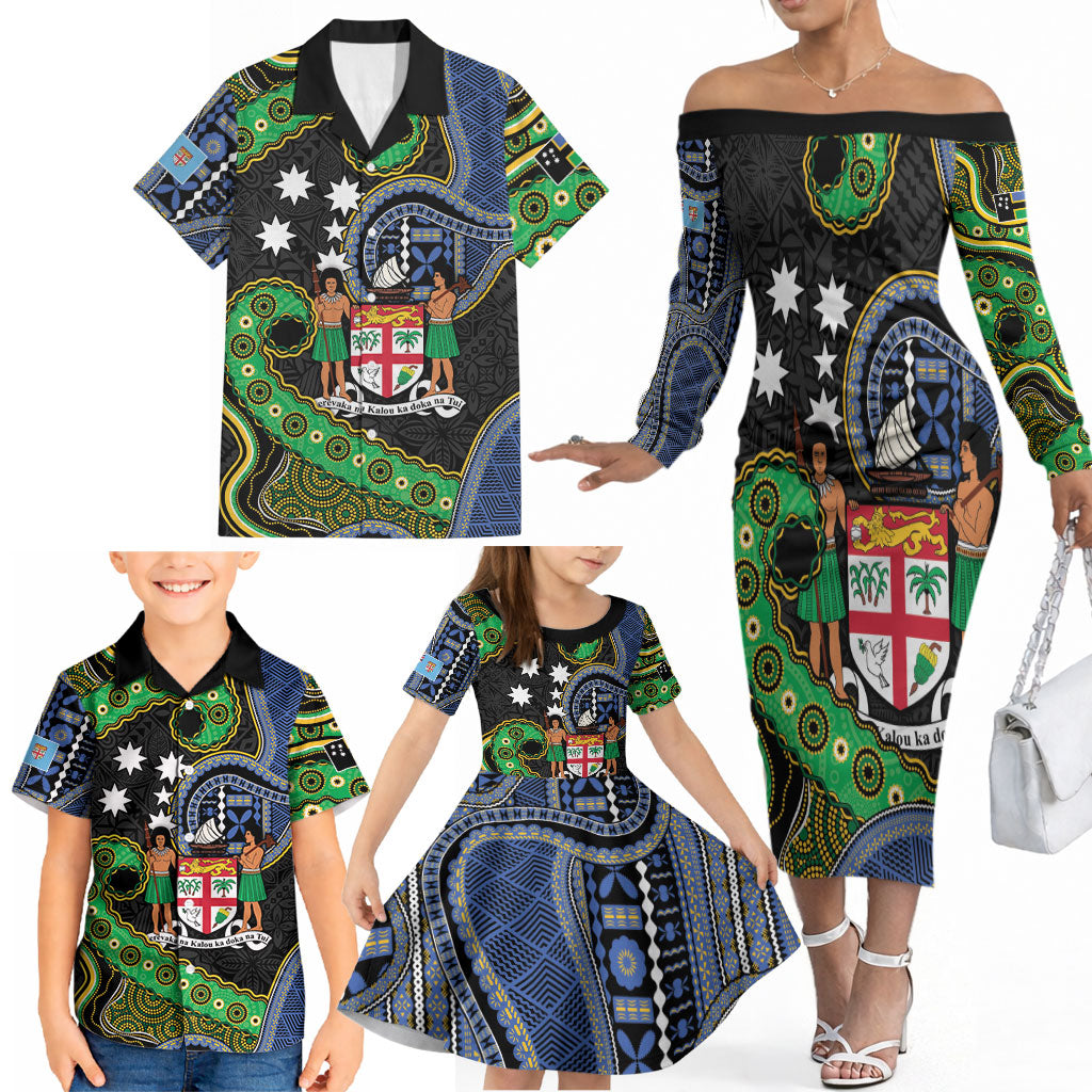 South Sea Islanders And Fiji Family Matching Off The Shoulder Long Sleeve Dress and Hawaiian Shirt Fijian Coat Of Arms And Southern Cross DT05 - Polynesian Pride