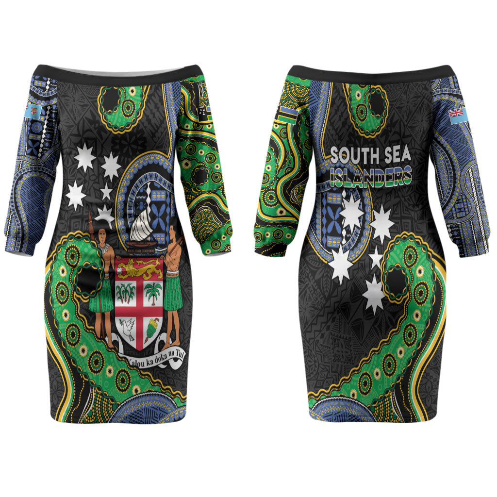 South Sea Islanders And Fiji Family Matching Off The Shoulder Long Sleeve Dress and Hawaiian Shirt Fijian Coat Of Arms And Southern Cross DT05 Mom's Dress Black - Polynesian Pride