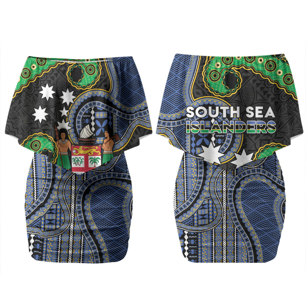 South Sea Islanders And Fiji Family Matching Off Shoulder Short Dress and Hawaiian Shirt Fijian Coat Of Arms And Southern Cross DT05 Mom's Dress Black - Polynesian Pride