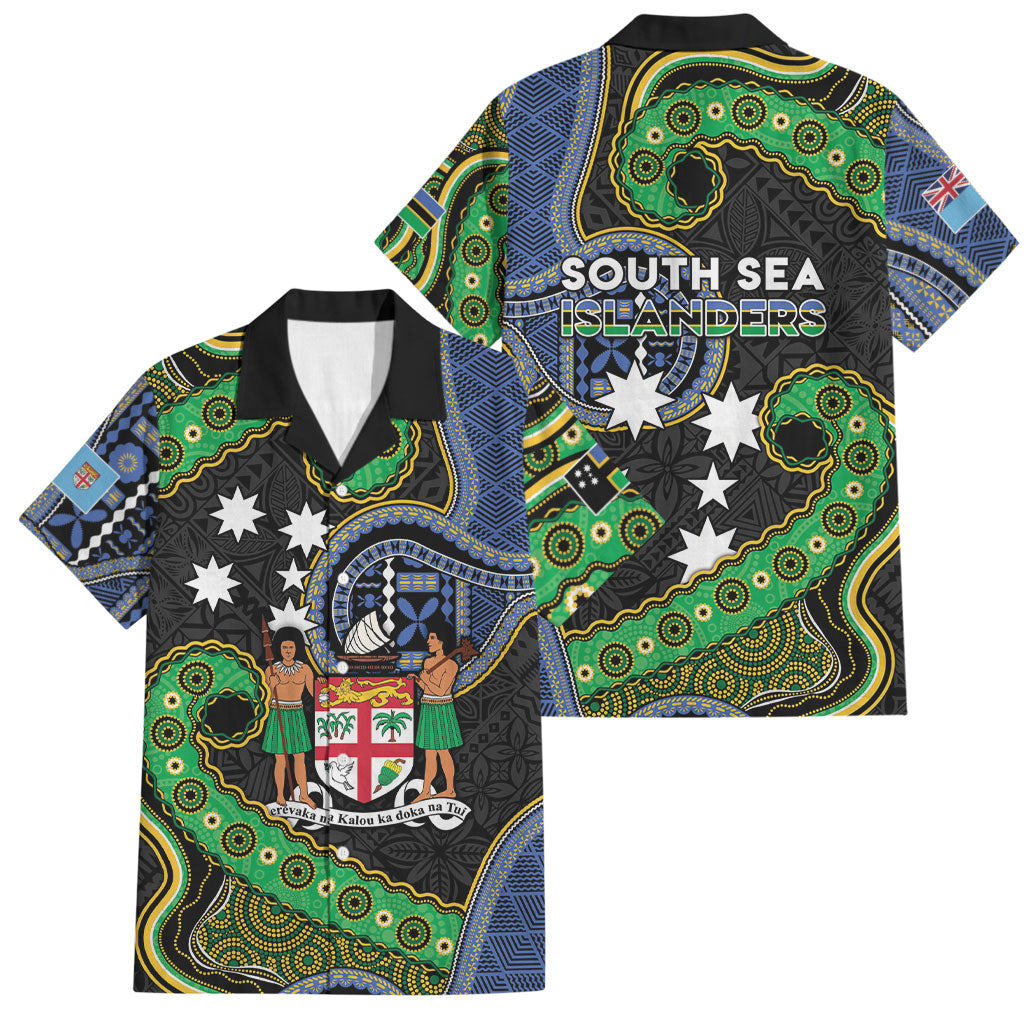 South Sea Islanders And Fiji Family Matching Off Shoulder Short Dress and Hawaiian Shirt Fijian Coat Of Arms And Southern Cross DT05 Dad's Shirt - Short Sleeve Black - Polynesian Pride