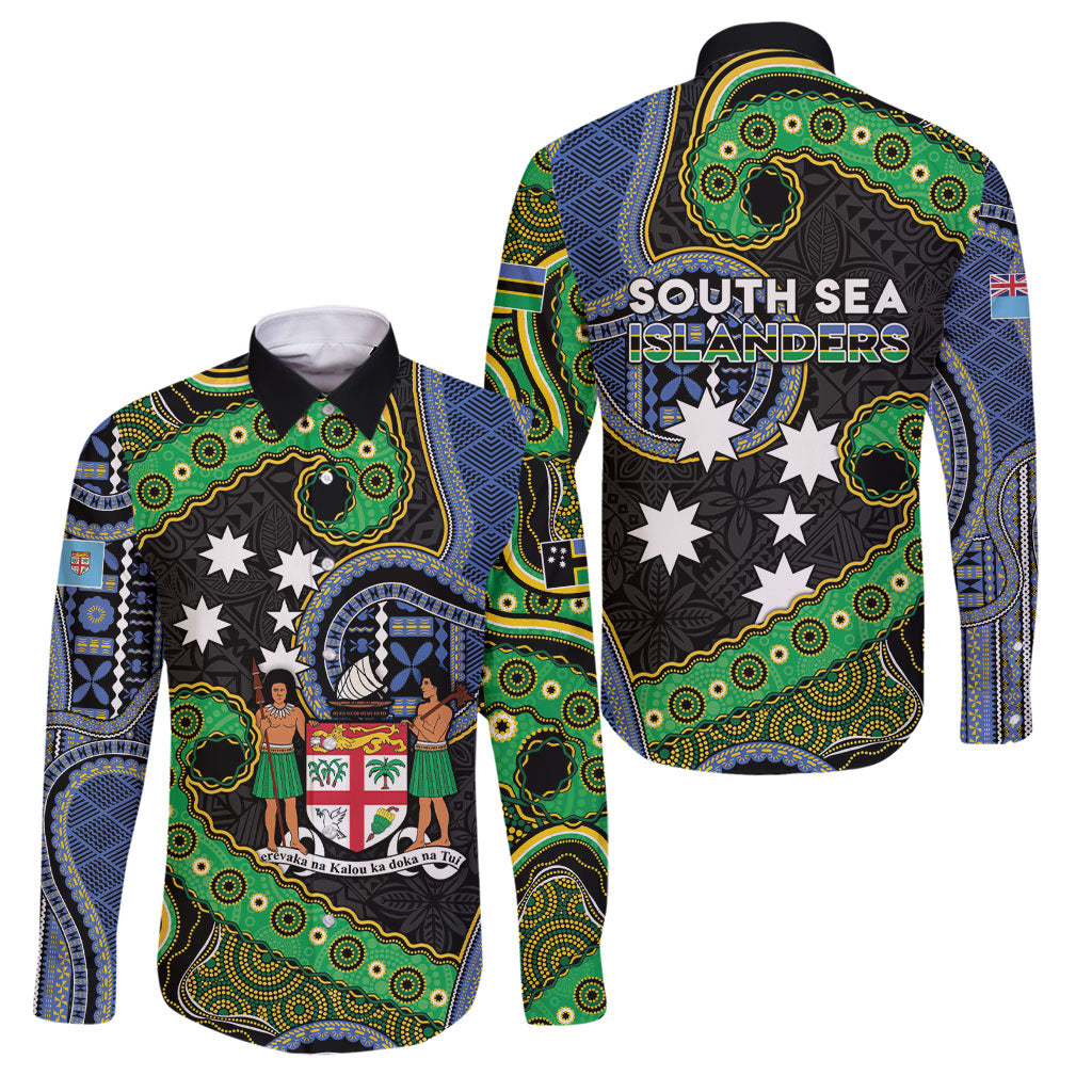South Sea Islanders And Fiji Family Matching Summer Maxi Dress and Hawaiian Shirt Fijian Coat Of Arms And Southern Cross DT05 Dad's Shirt - Long Sleeve Black - Polynesian Pride