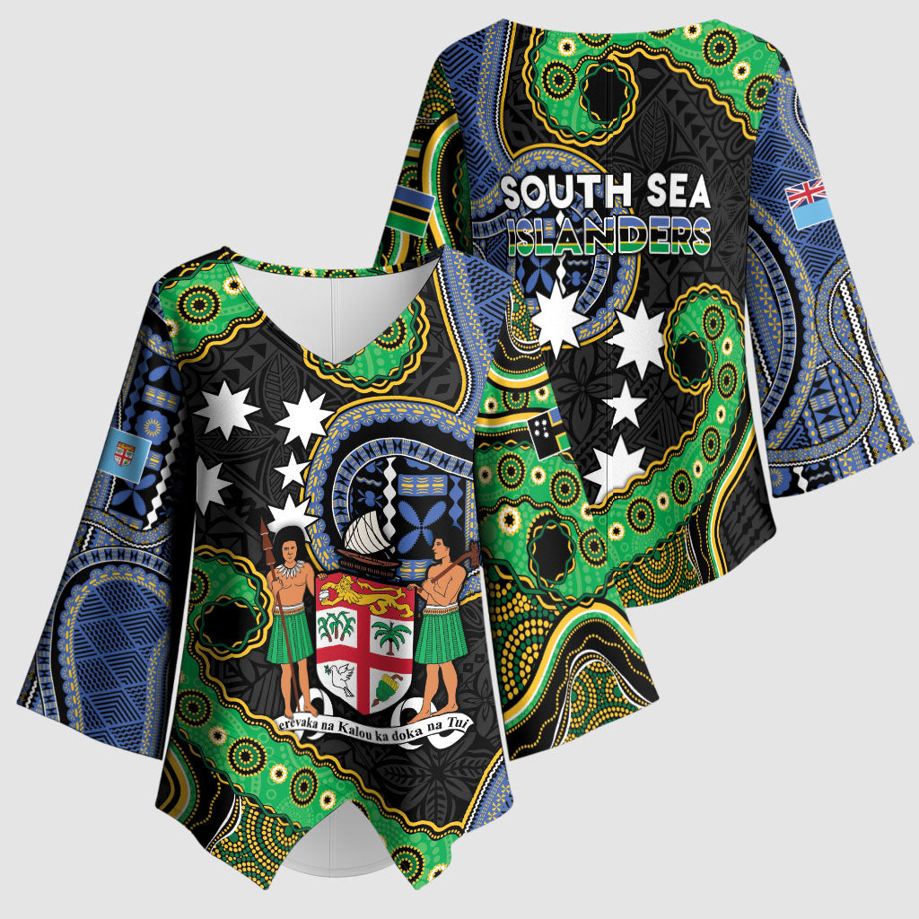 South Sea Islanders And Fiji Kimono Sleeve Blouse Fijian Coat Of Arms And Southern Cross DT05 - Polynesian Pride
