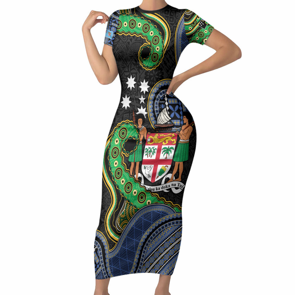 South Sea Islanders And Fiji Short Sleeve Bodycon Dress Fijian Coat Of Arms And Southern Cross DT05 Long Dress Black - Polynesian Pride