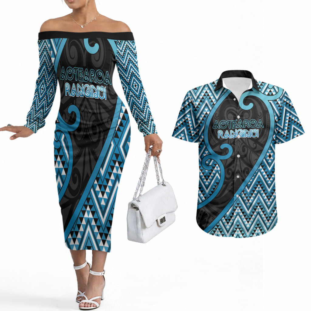 Custom Aotearoa Atua Ranginui Couples Matching Off The Shoulder Long Sleeve Dress and Hawaiian Shirt Maori Sky Father Koru Patterns DT05 Blue - Polynesian Pride