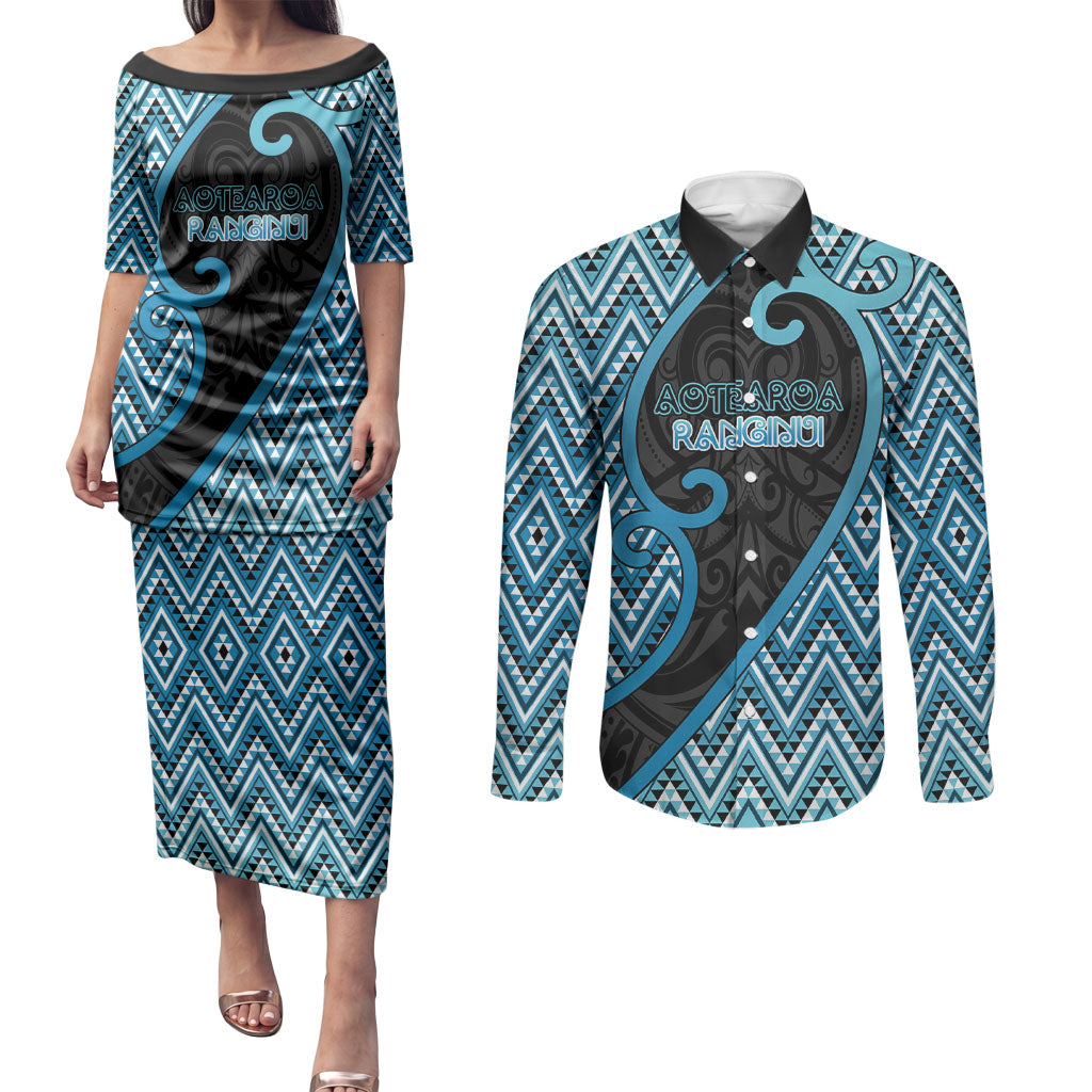 Custom Aotearoa Atua Ranginui Couples Matching Puletasi and Long Sleeve Button Shirt Maori Sky Father Koru Patterns DT05 Blue - Polynesian Pride