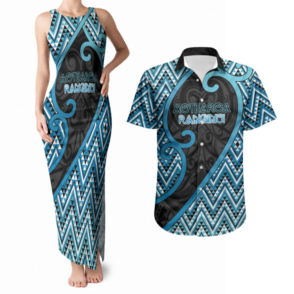 Custom Aotearoa Atua Ranginui Couples Matching Tank Maxi Dress and Hawaiian Shirt Maori Sky Father Koru Patterns DT05 Blue - Polynesian Pride
