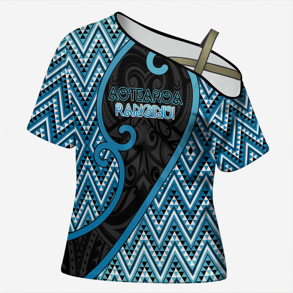 Custom Aotearoa Atua Ranginui Cross Shoulder Shirt Maori Sky Father Koru Patterns DT05 Female Blue - Polynesian Pride