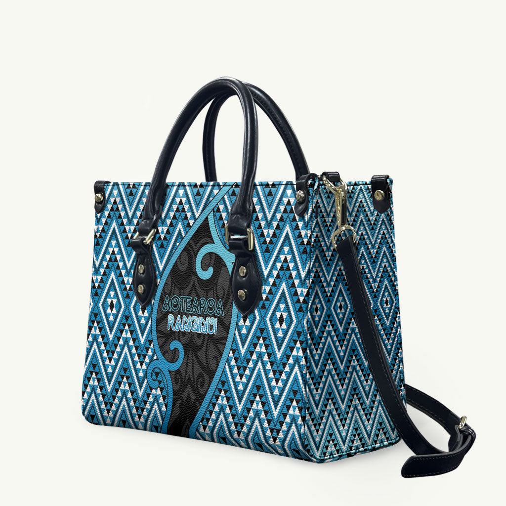 Aotearoa Atua Ranginui Leather Bag Maori Sky Father Koru Patterns DT05 Blue - Polynesian Pride
